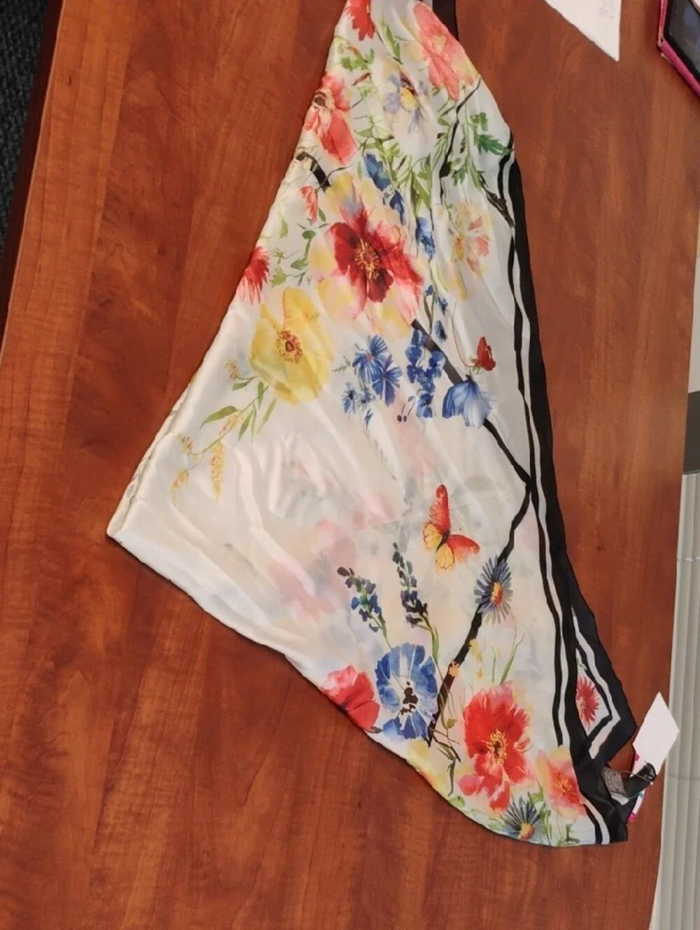 Vince Camuto White Satin Scarf with Red and Green Floral Print